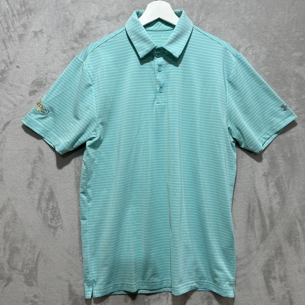 Under Armour Polo Golf Shirt Men's Sz M Green Stripes Logo Embroidered Cantigny